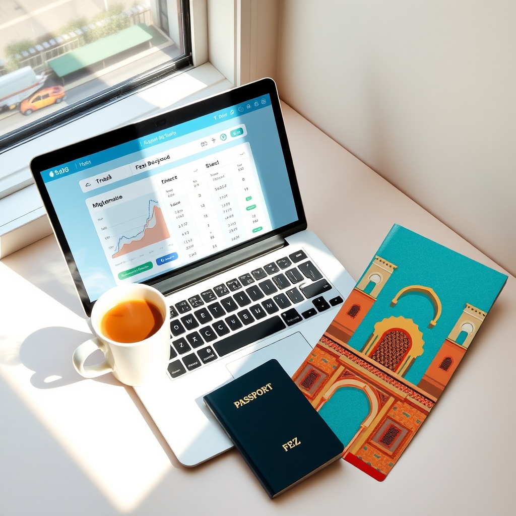 Flight comparison screen showing price trends for flights to Fez alongside iconic Fez landmark, emphasizing cost‑saving tips for Fez flight deals