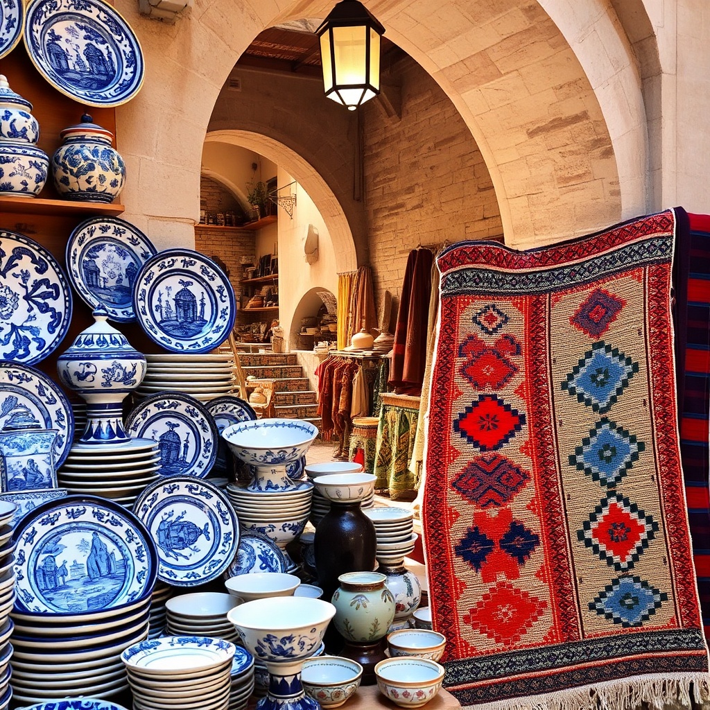Colorful ceramics and woven textiles displayed together, representing the best souvenirs in Fez Morocco and highlighting the city’s rich artisanal heritage.