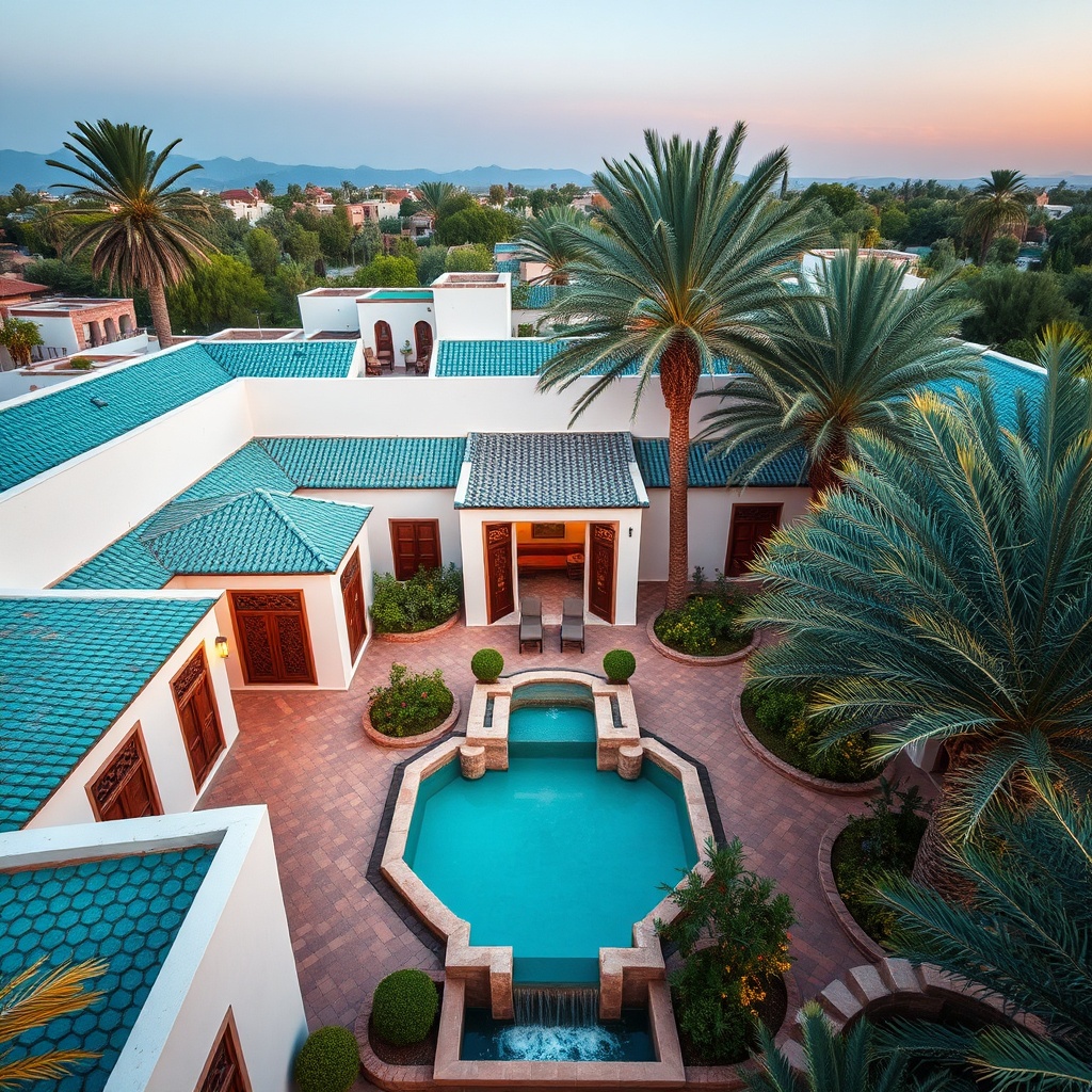 Aerial view of a luxury Moroccan spa resort with riad architecture, turquoise pool, and lush garden oasis