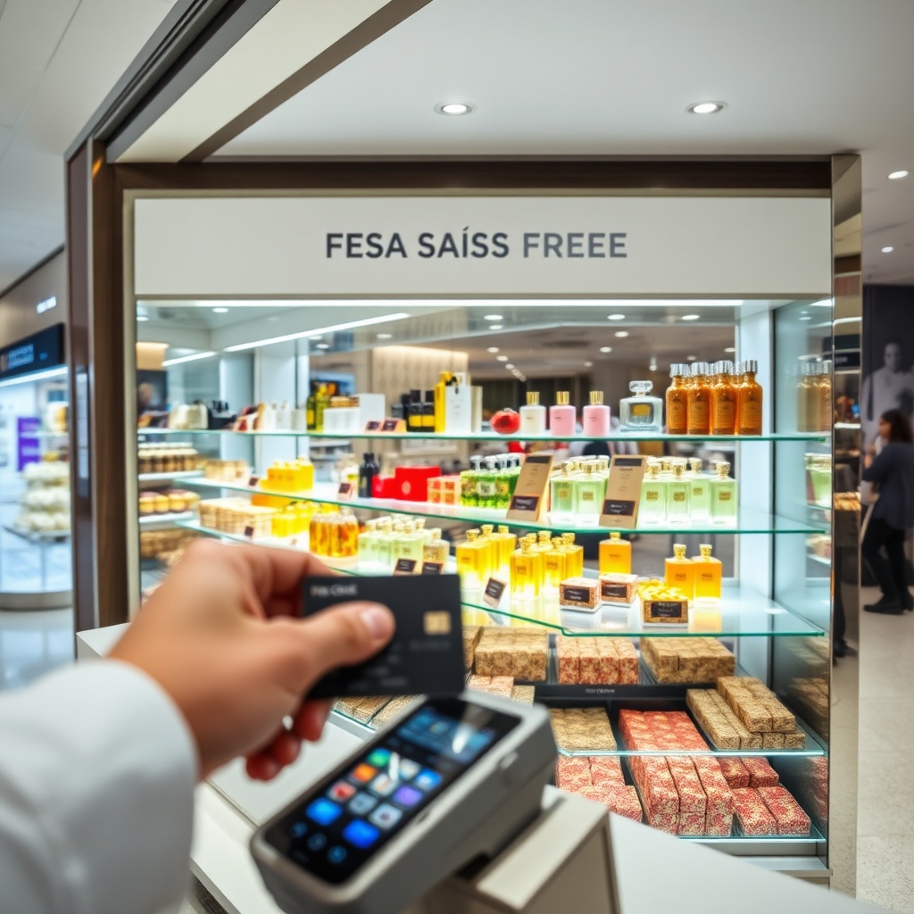 A modern duty-free retail counter at Fez Airport featuring perfumes and contactless payment options for travelers.