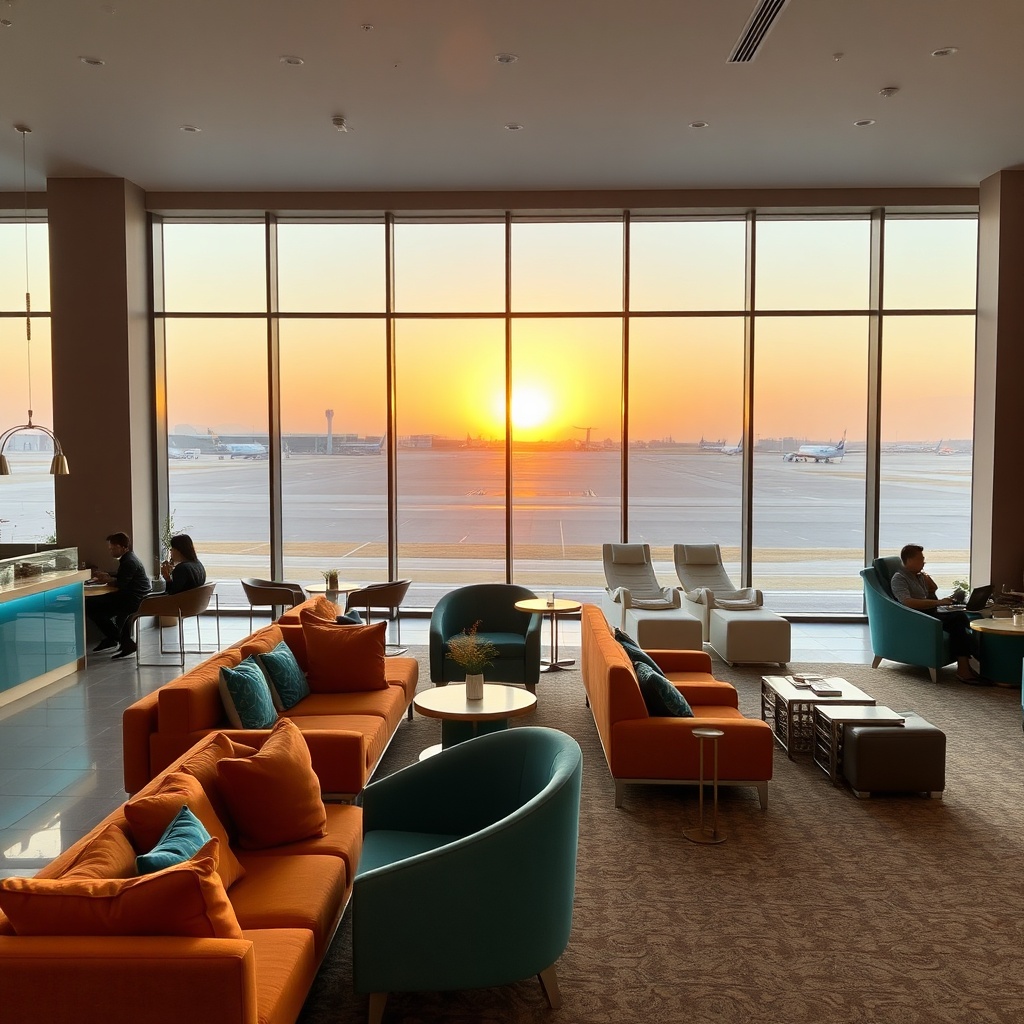 Modern Mediterranean Oasis lounge at Fez Airport showcasing premium amenities, comfortable seating, spa area and natural lighting for travelers seeking a relaxing pre-flight experience.