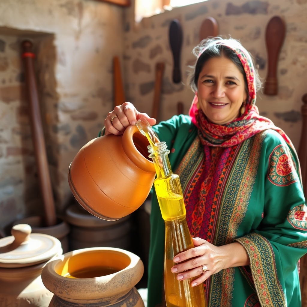 A local artisan pouring pure cold-pressed Moroccan oil at a certified cooperative, representing the best places to buy argan oil in Fez.
