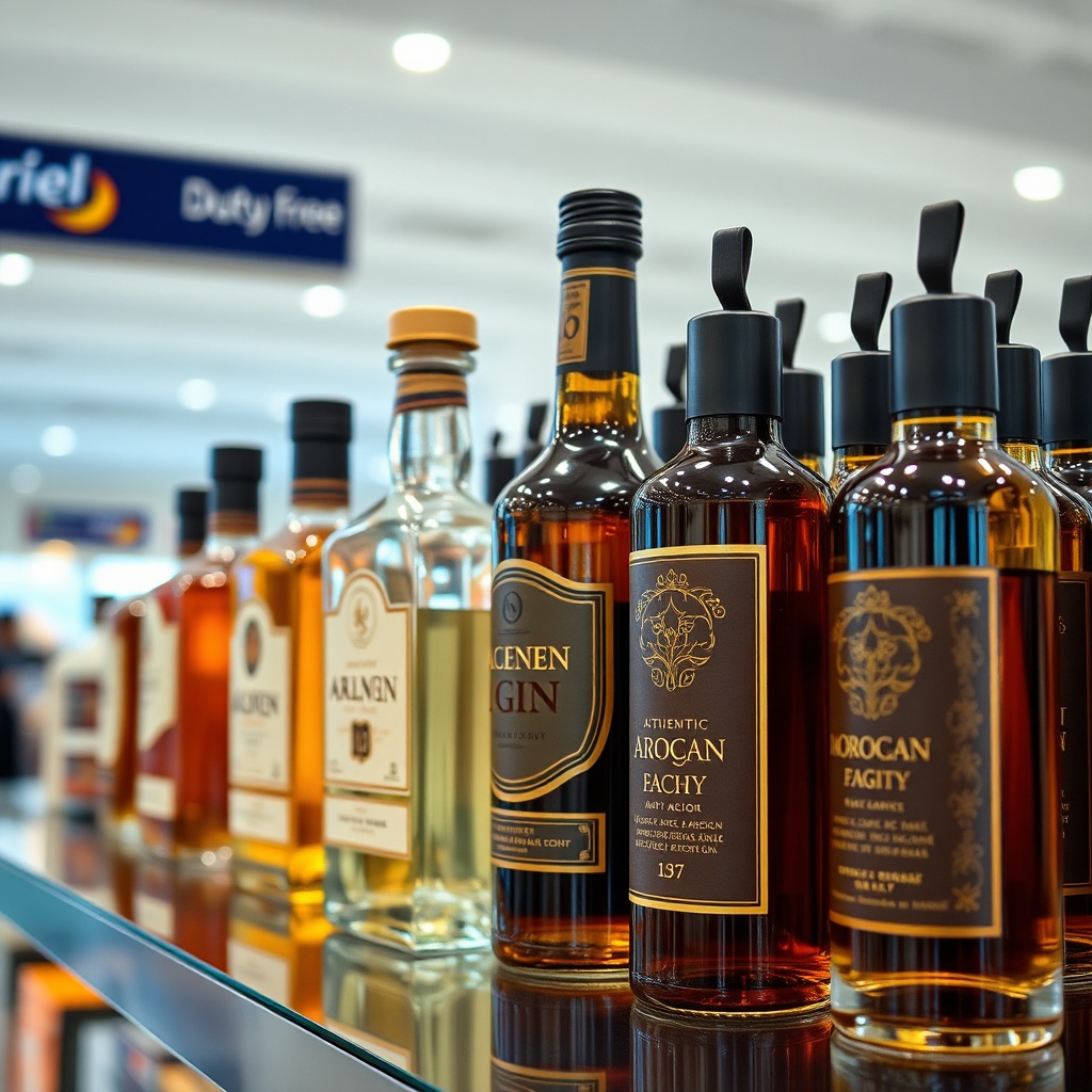 Display of international spirits and authentic Moroccan Argan oil available at Fez airport duty free
