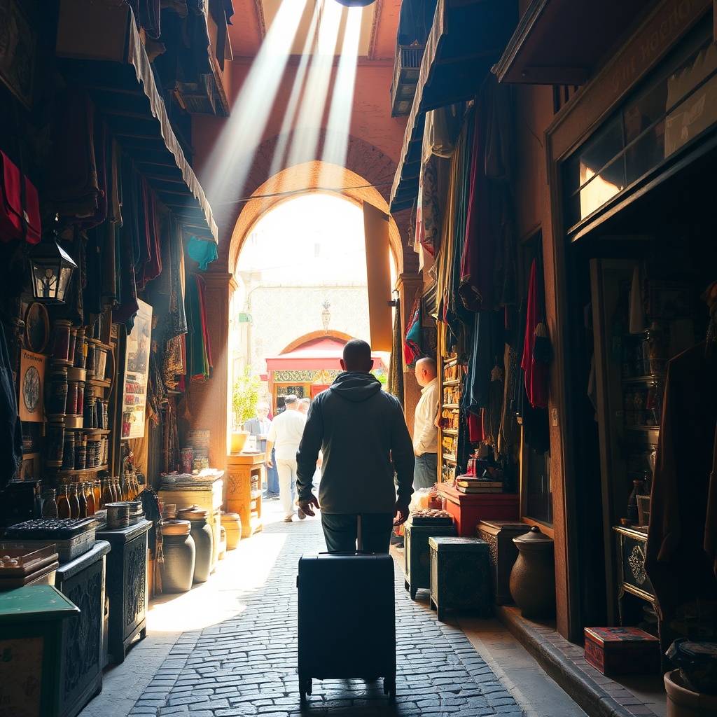 Traveler entering the UNESCO-listed Fez medina from the airport, showing the cultural access and proximity that are key reasons to fly into Fez Airport