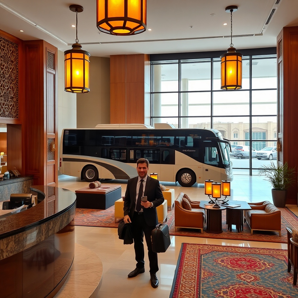 Hotel lounge near Fez Airport featuring Moroccan décor, concierge service, and shuttle bus ready for guests staying at hotels near Fez Airport