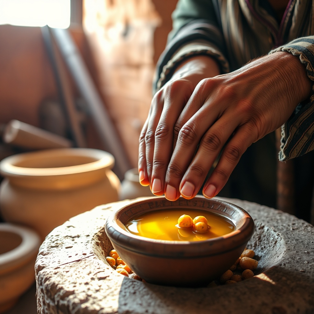 Berber woman hand-pressing golden authentic Moroccan argan oil in a traditional stone mill at a sunlit cooperative
