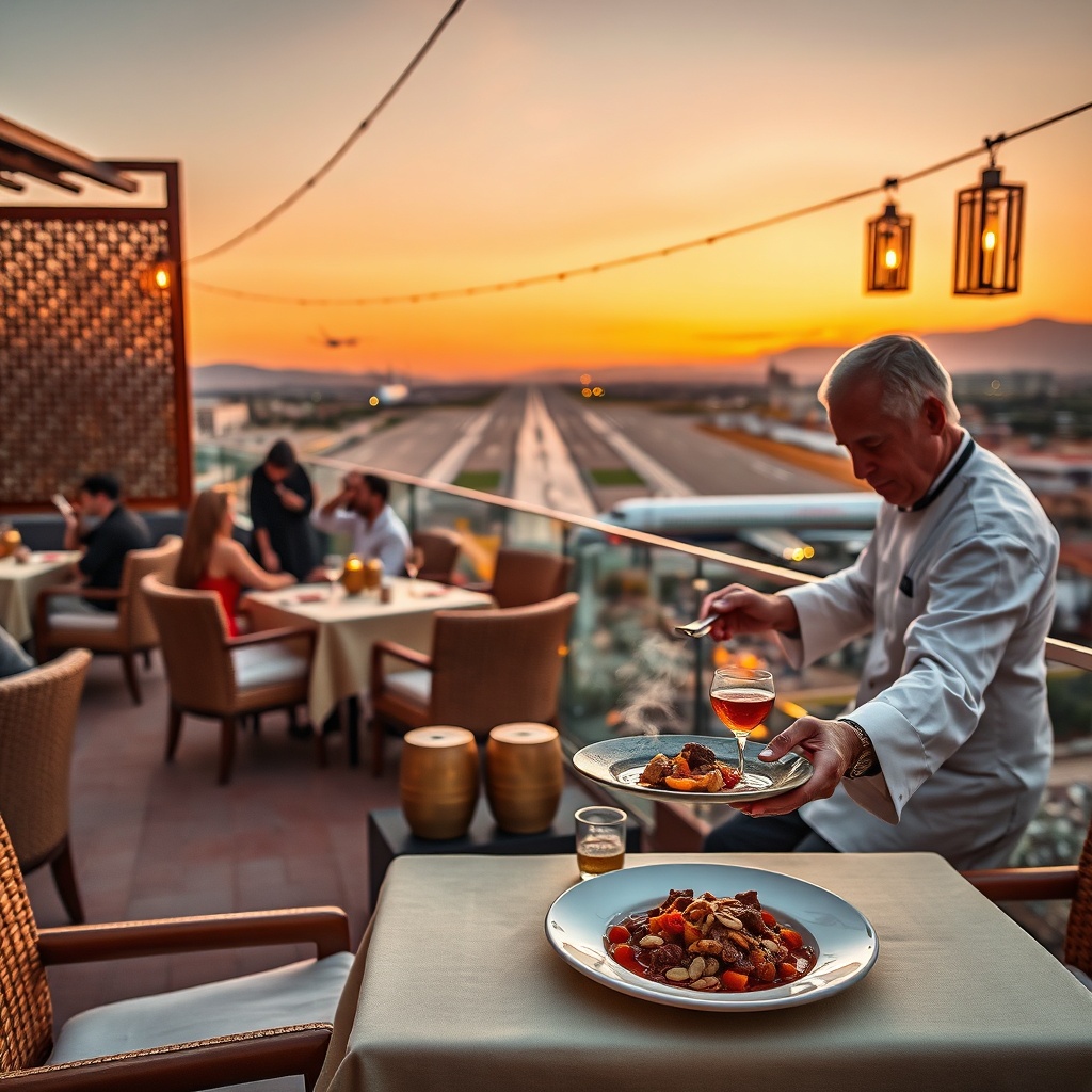 Guests dining on gourmet Moroccan food at the upscale rooftop restaurant among Fez Airport restaurants overlooking the airport and mountains
