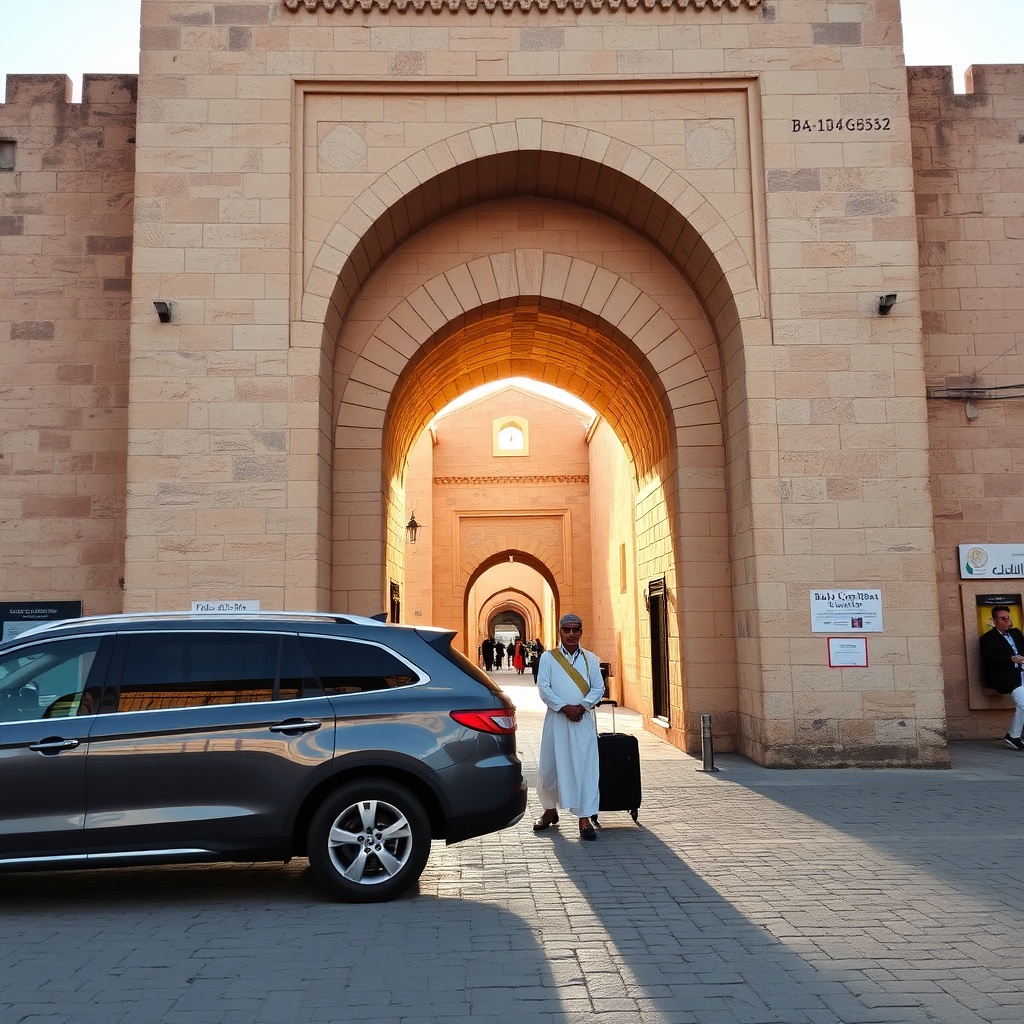 Traveler arriving at the old medina gates via fez airport to medina private transfer service.