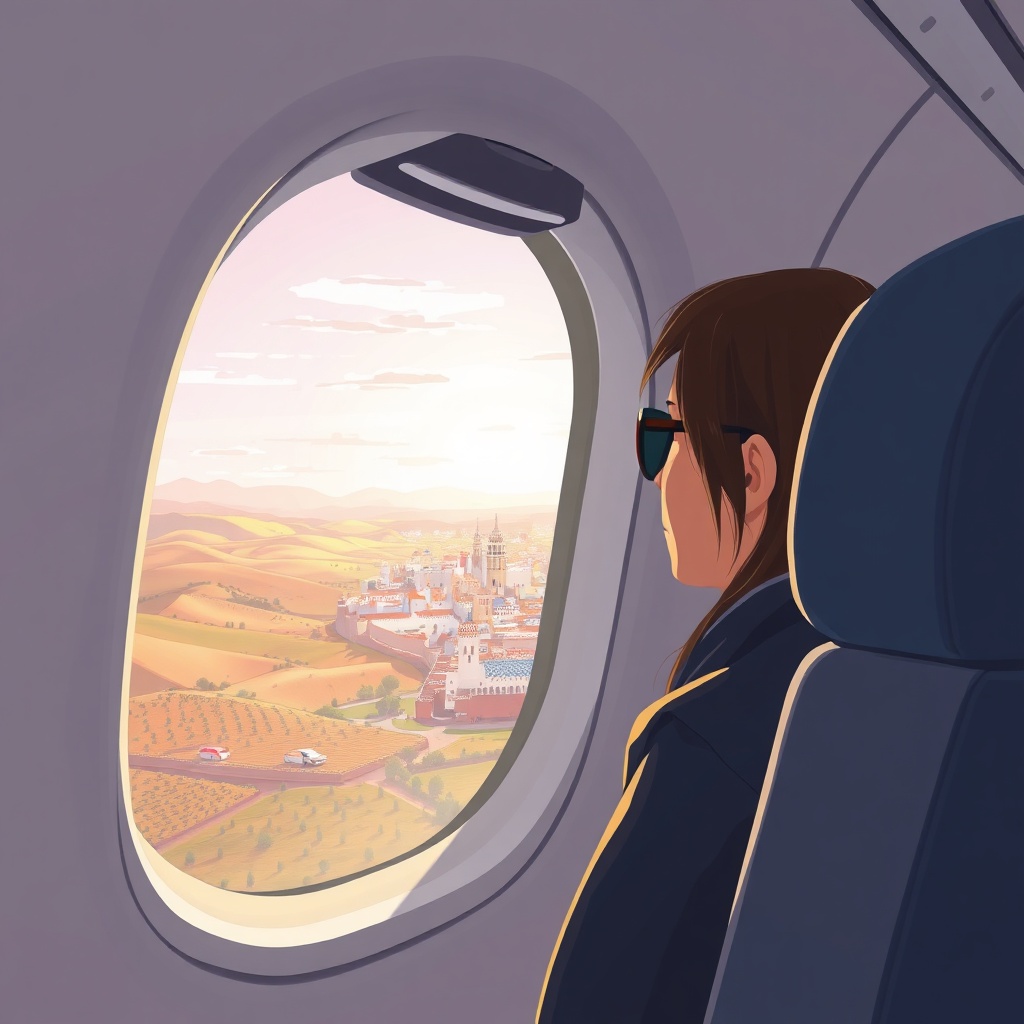 Passenger looking out of an airplane window at the approaching city of Fez, illustrating flights to Fez and the scenic Moroccan landscape