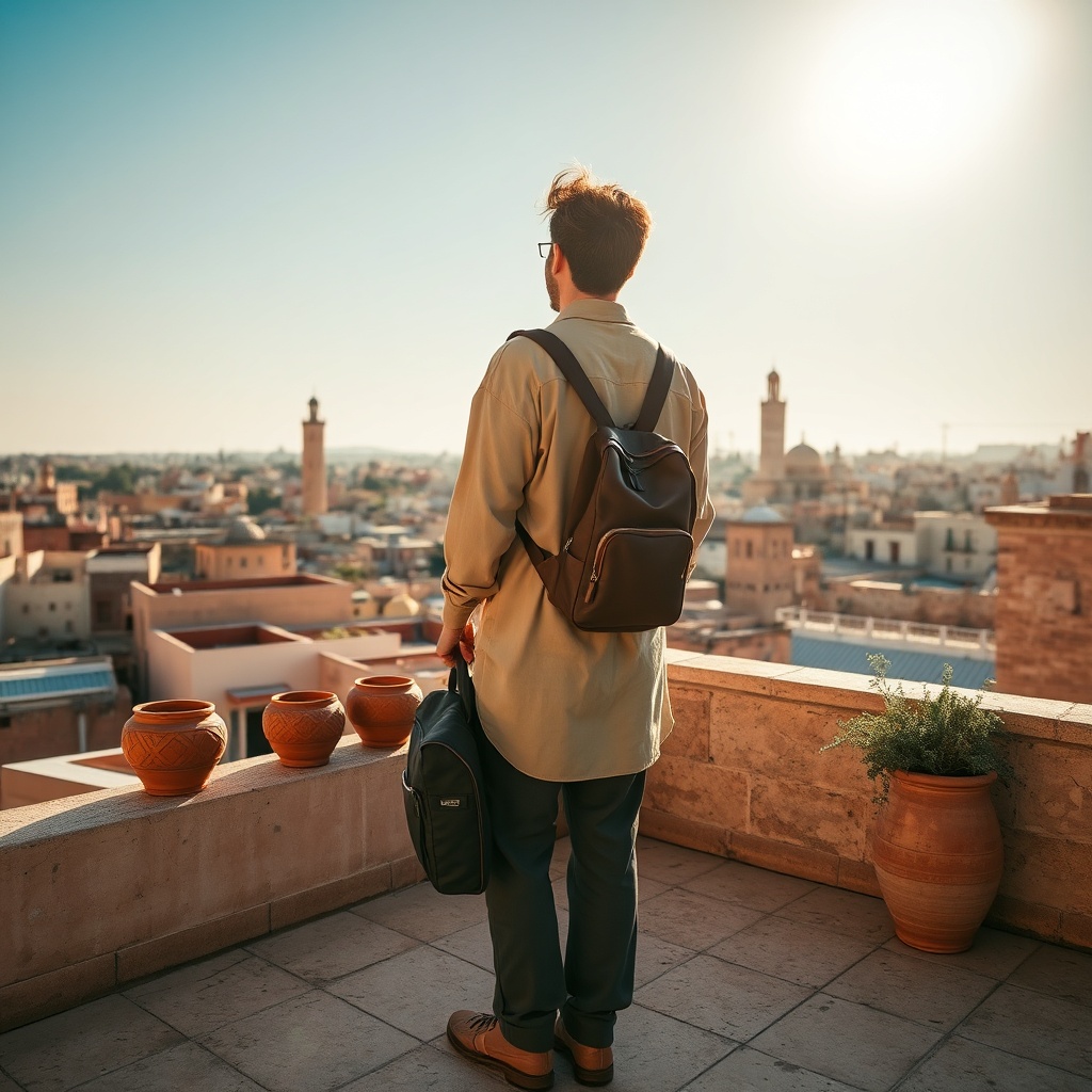 Traveler with a backpack enjoying the view in Fez dressed according to a practical Morocco packing list.