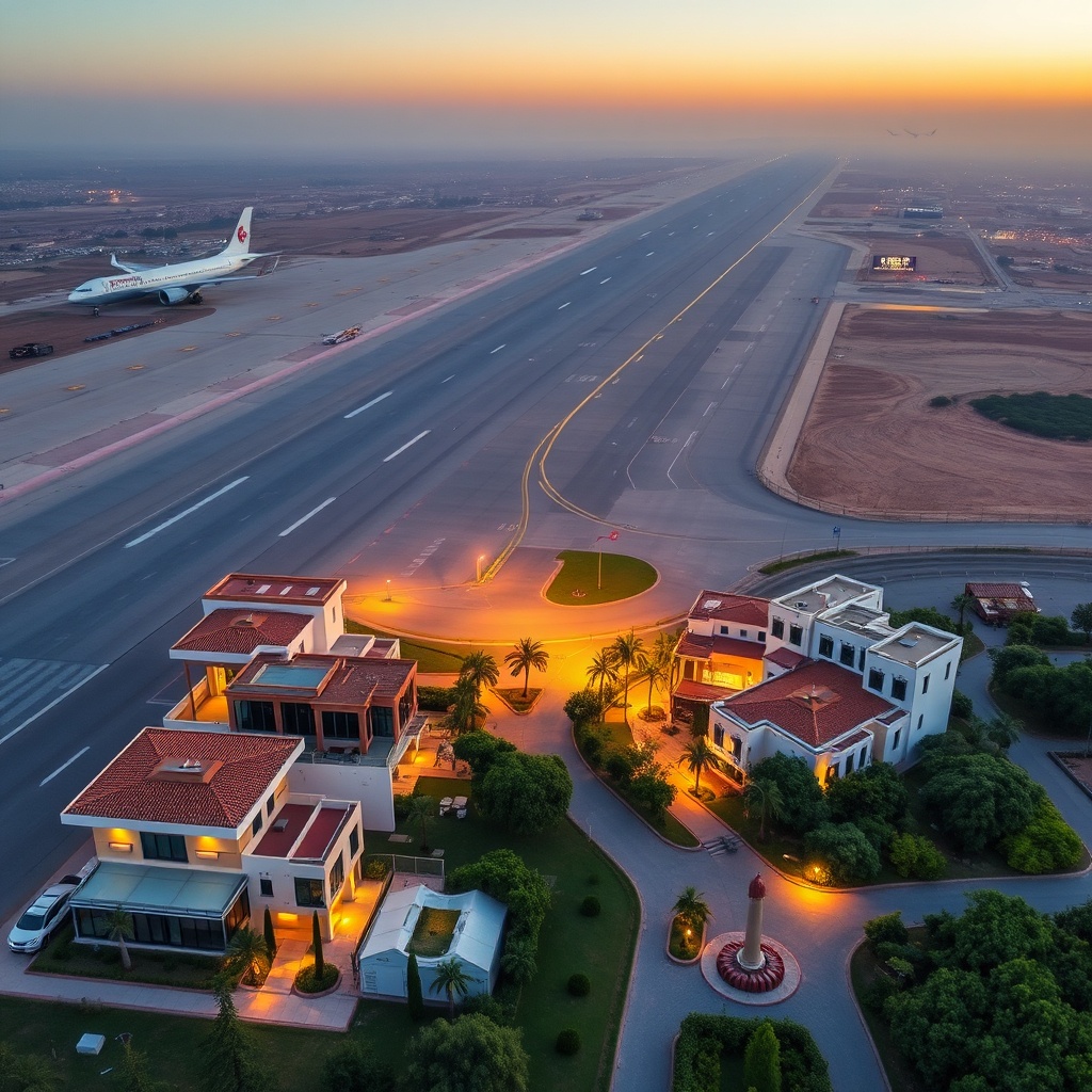 Aerial view showing hotels near Fez Airport with modern architecture and airport runway illuminated at sunrise, highlighting nearby accommodation options