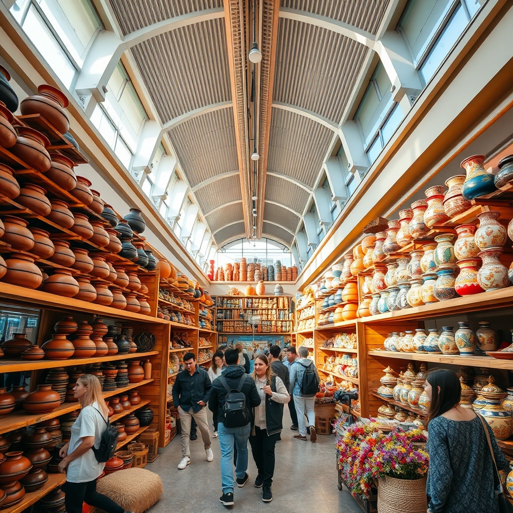 Travelers browsing authentic Moroccan crafts and souvenirs at the Fez Airport shopping zone, featuring colorful tagines and pottery.