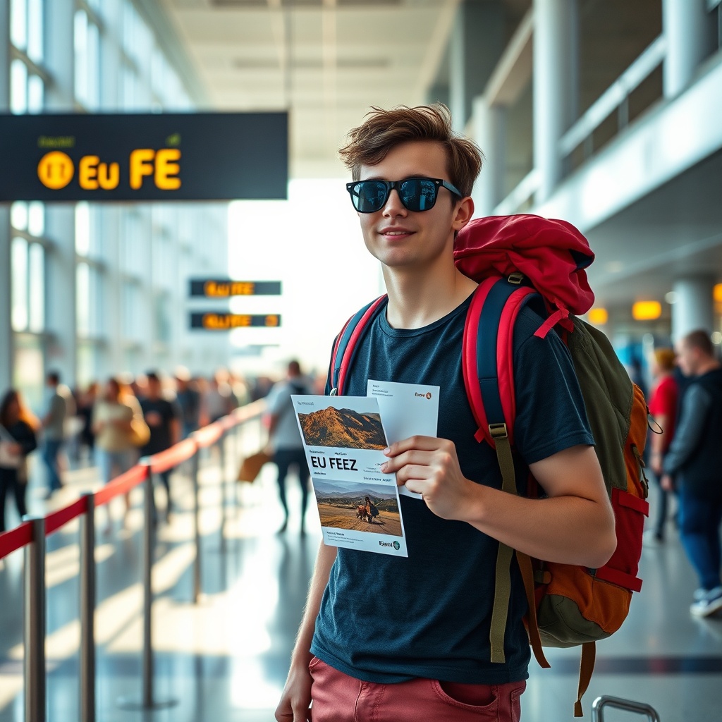Backpacker at European airport gate preparing for a cheap flight to Fez