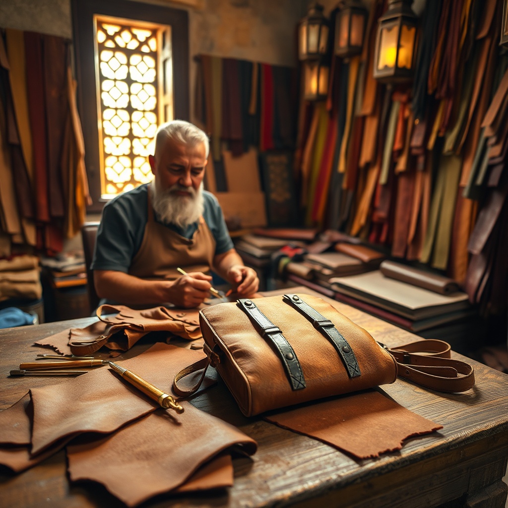 Artisan hand‑stitching a leather bag in a historic Fez workshop, showcasing one of the best souvenirs in Fez Morocco with authentic handcrafted leather goods.