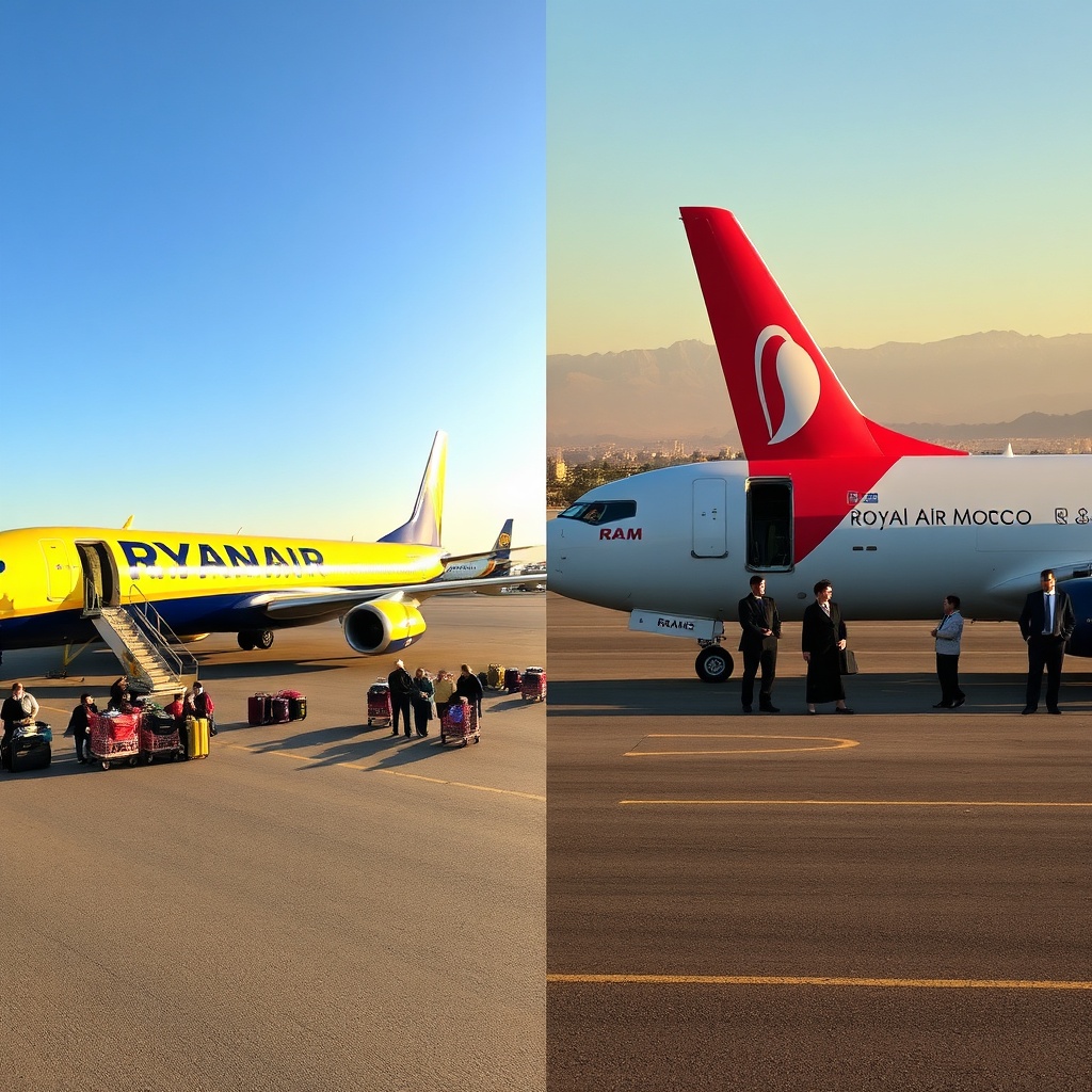 Ryanair vs RAM at Fez Airport – split scene showing a yellow Ryanair plane and red and white Royal Air Maroc plane on the tarmac at Fez Saïss Airport, comparing low-cost and flag carrier operations
