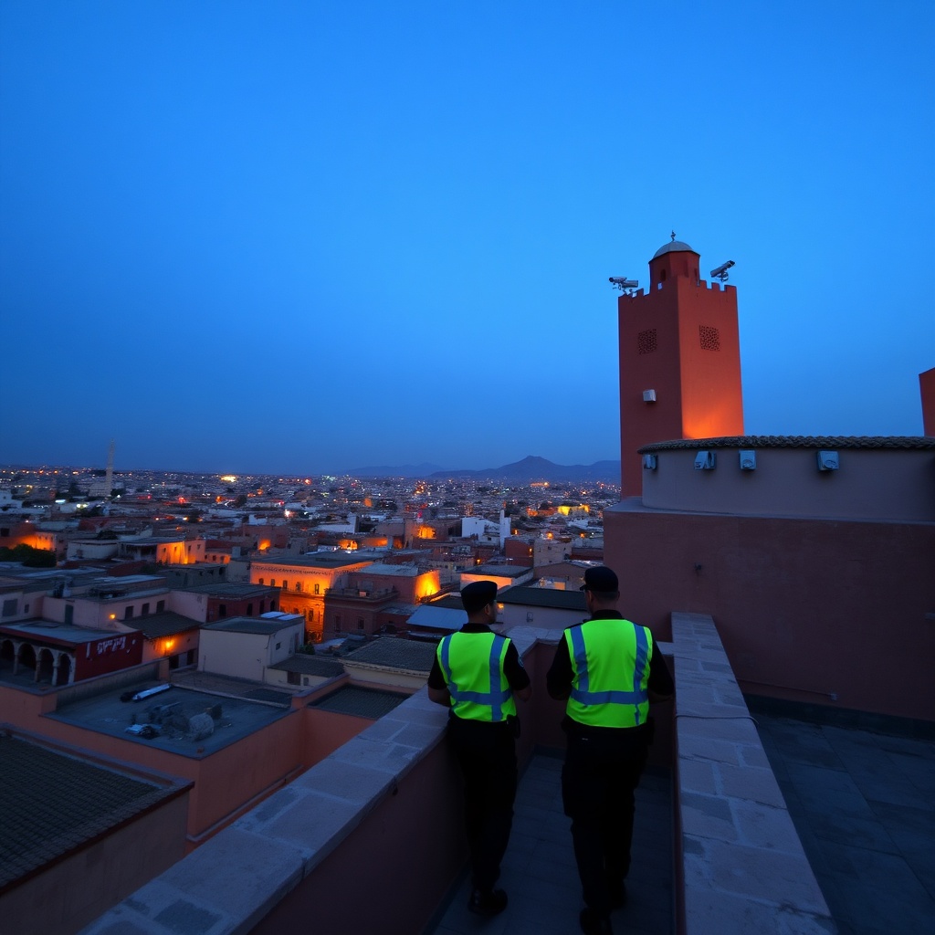 Fez security measures blend into the historic cityscape as tourist police patrol the Medina at dusk, ensuring a safe travel experience.