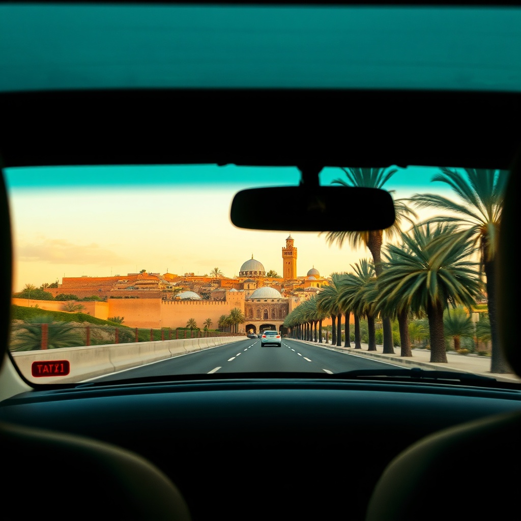 View from inside a taxi approaching Fes medina, illustrating the scenic route and quick travel time when navigating the fes airport to city center route via public or private transport.