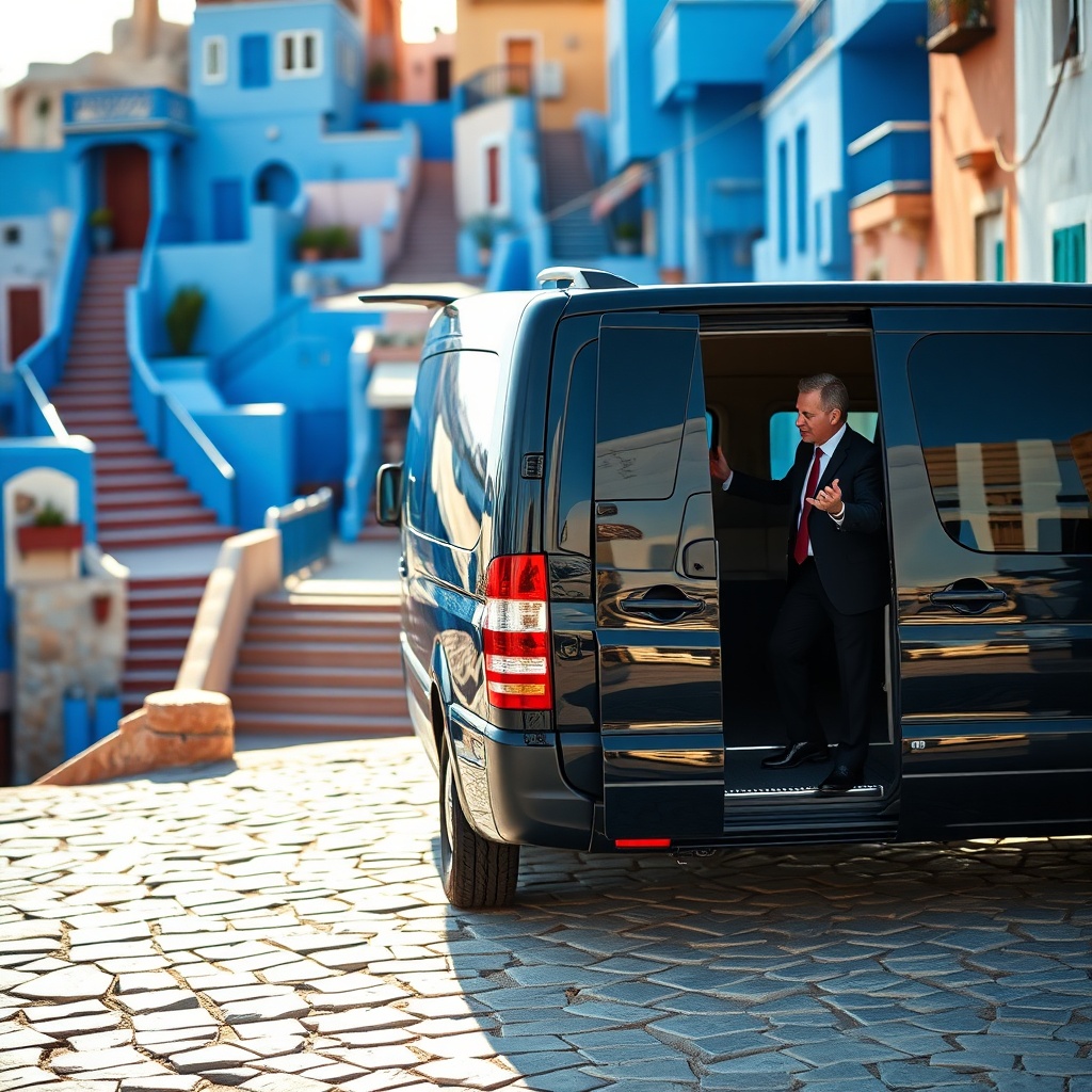 Professional driver with executive van at a viewpoint overlooking the blue city, highlighting the exclusive Fez to Chefchaouen private transfer experience with hotel pickup and drop-off convenience.