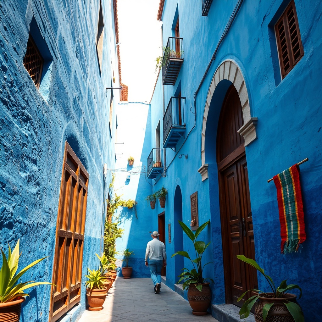 Narrow cobblestone streets lined with blue-washed buildings in Chefchaouen medina, highlighting the iconic architecture travelers explore during a Fez to Chefchaouen day trip.