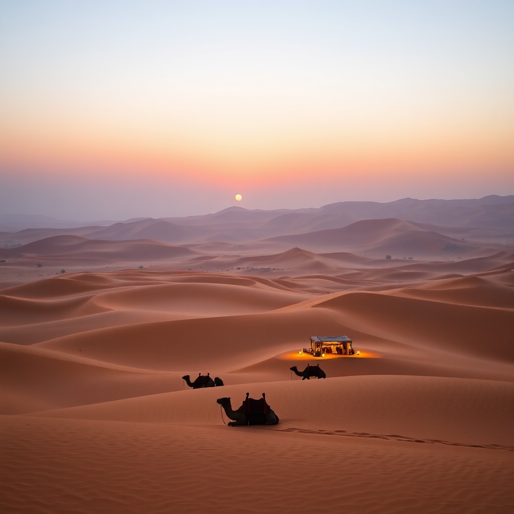 Traditional berber desert camp at sunrise with camels overlooking erg chebbi dunes, part of a popular fez to sahara 3 day itinerary