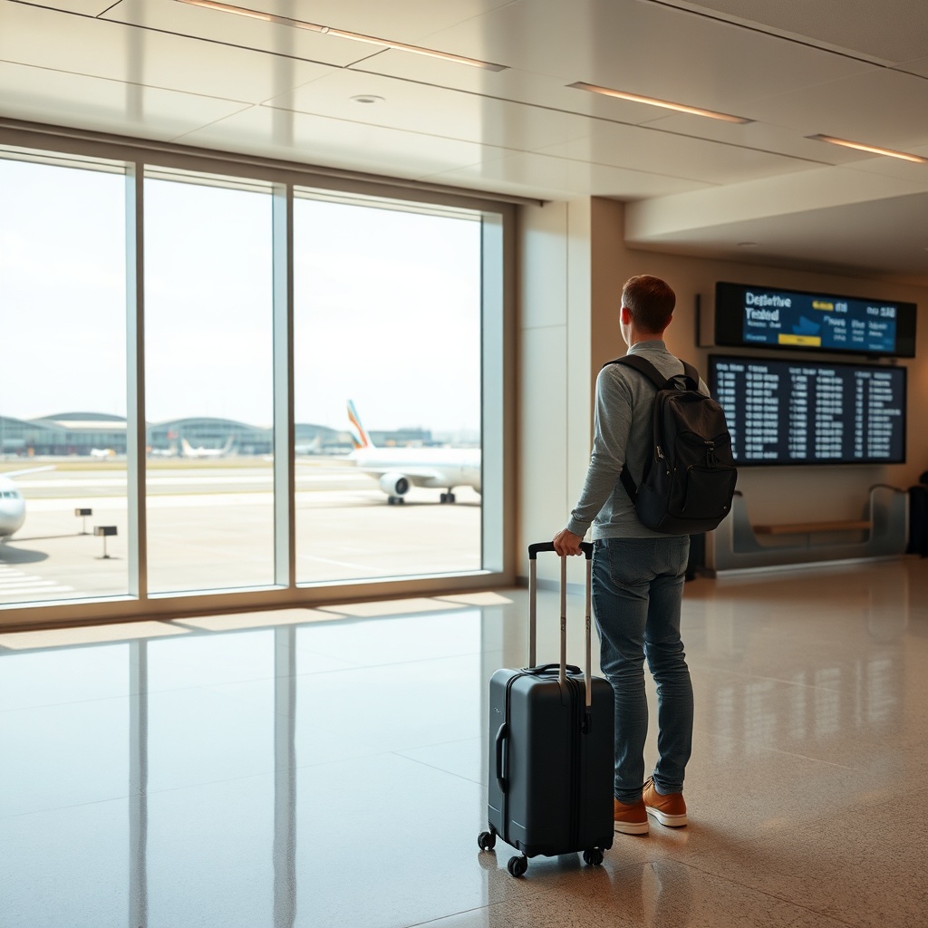Traveler planning a Fez airport layover inside the compact terminal, looking out at the runway