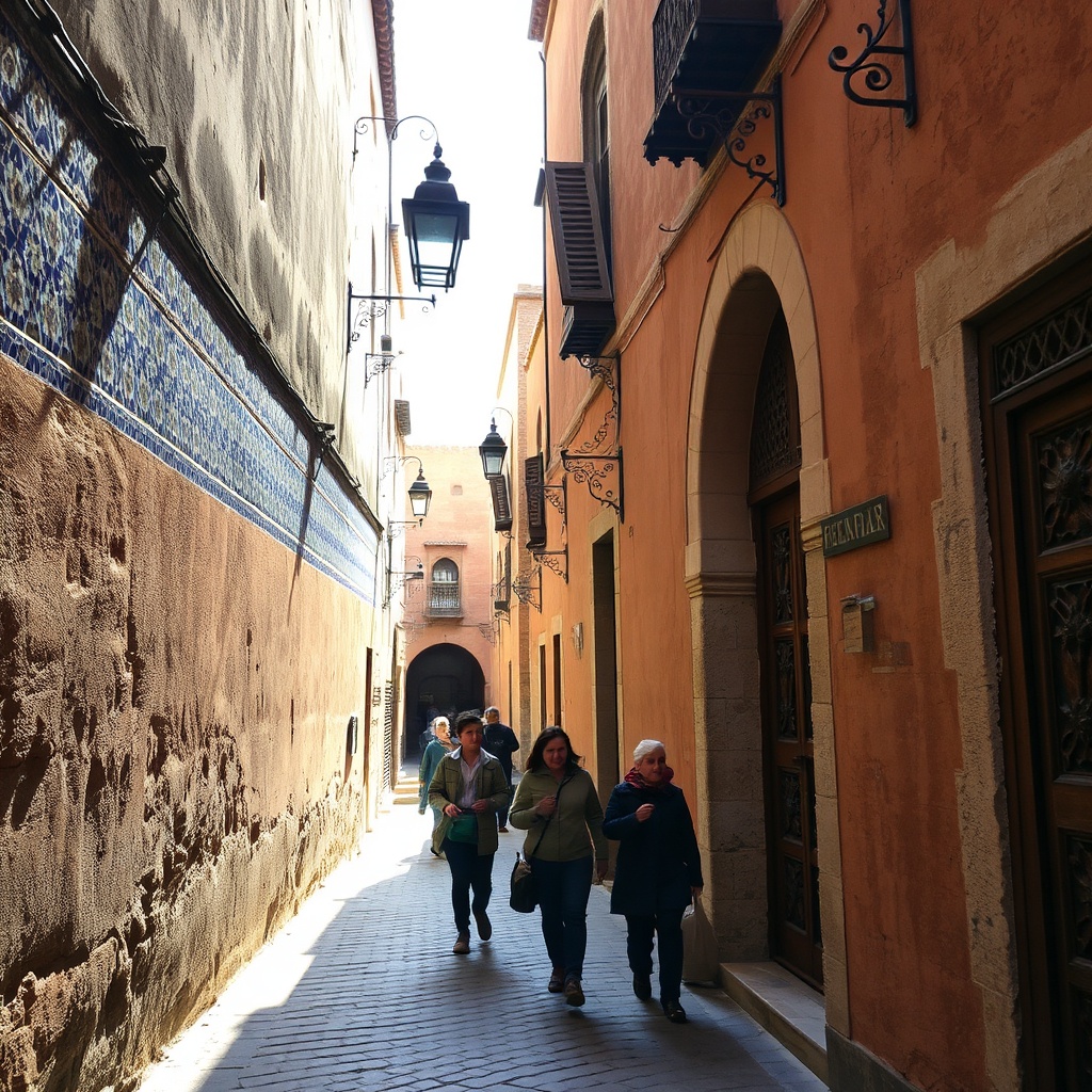 Winding through the historic, car-free streets of Fes el-Bali, this immersive alleyway scene features traditional Moroccan architecture and local life—perfect visual reference for a self-guided Fez Medina travel guide focusing on authentic cultural exploration and landmark discovery.
