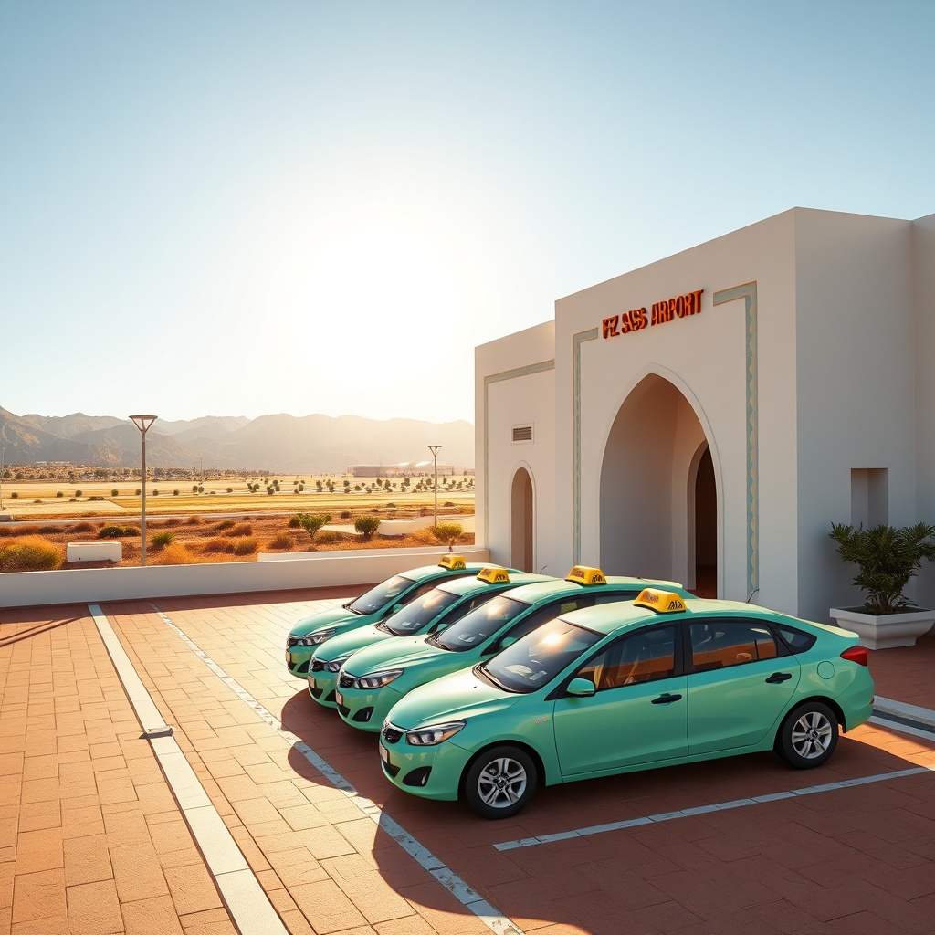 Modern exterior view of Fez airport guide coverage, showcasing the compact single terminal and orderly queue of official taxis prepared for seamless transfers to the historic medina.