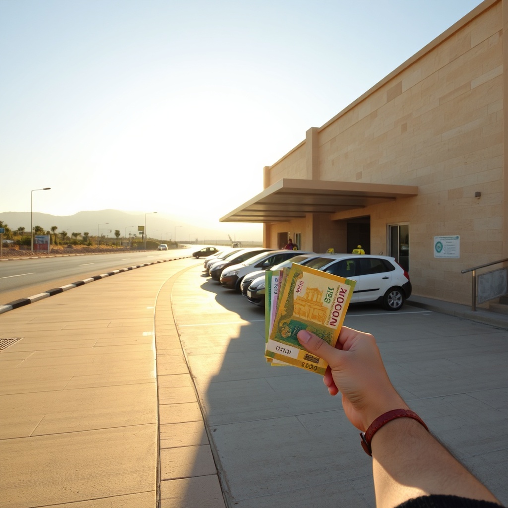 Traveler preparing for Fez airport tips by holding Moroccan dirham cash near the taxi pickup zone at Fez Saïss Airport, illustrating essential transport advice for first-time visitors