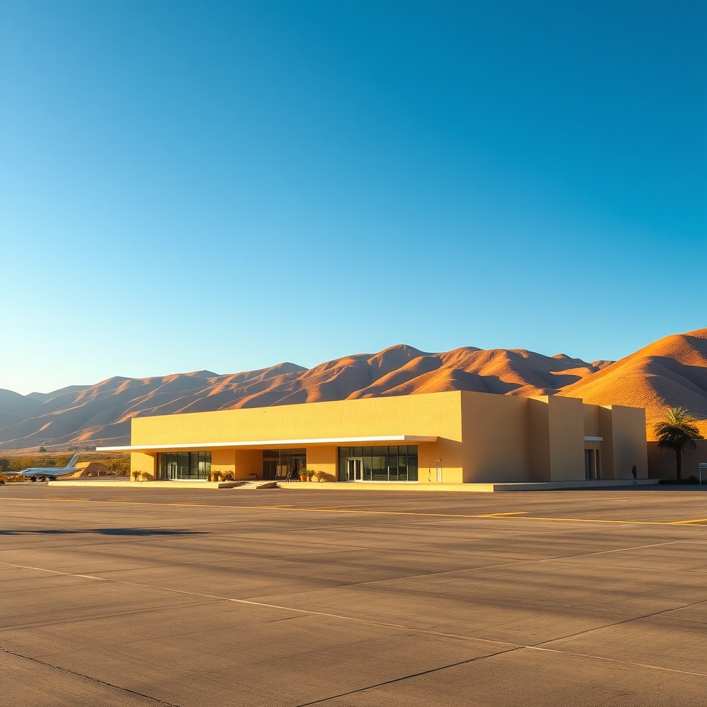 Exterior view of the modern Fès–Saïss Airport terminal building nestled in the northern Moroccan landscape, serving as the primary air gateway for travelers visiting Fez and the UNESCO World Heritage Medina.