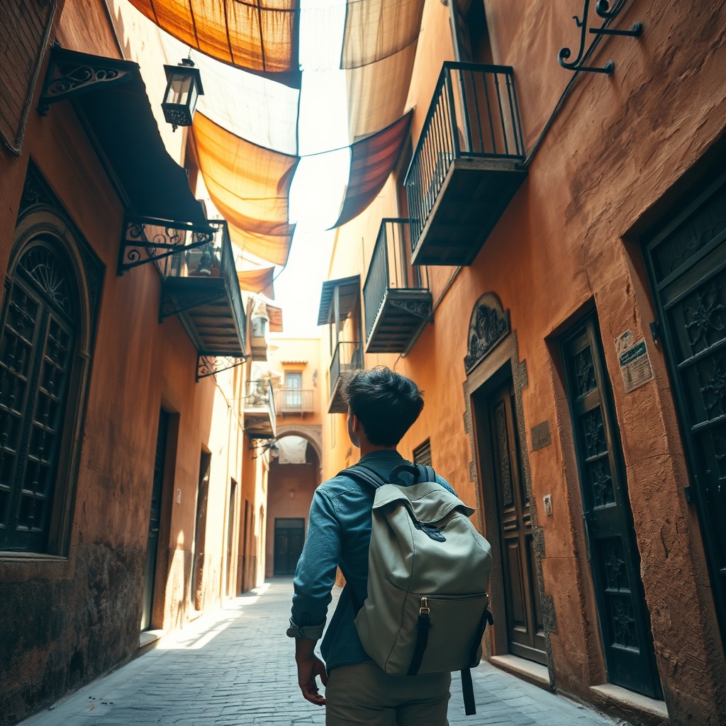 A fez medina first time visitor navigates narrow winding alleys of Fes el-Bali, surrounded by ochre walls and traditional Moroccan architecture while exploring the historic souks