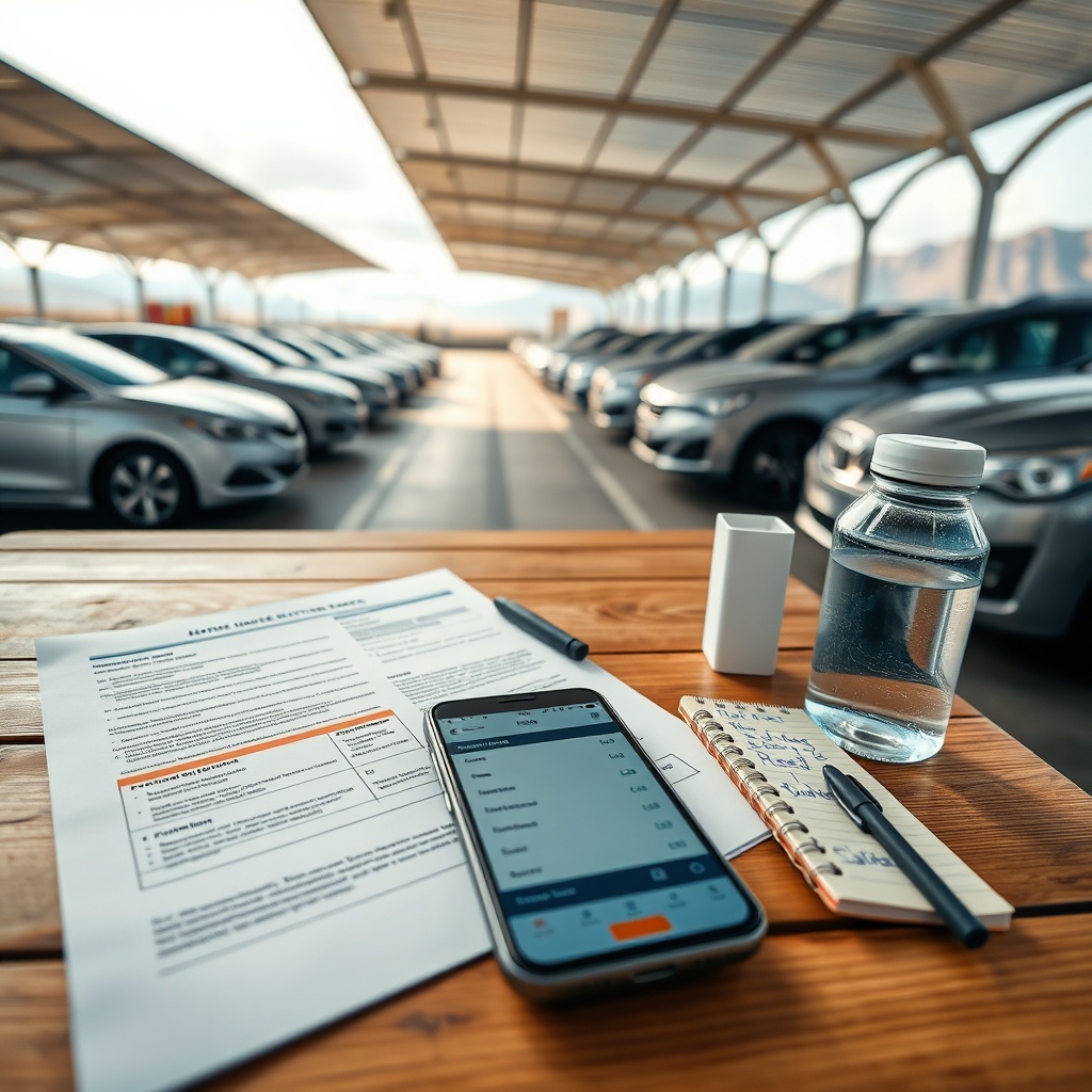 Detailed breakdown of a Fez airport car rental comparison checklist featuring insurance terms, deposit details, and fuel policy notes beside a lineup of available vehicles.