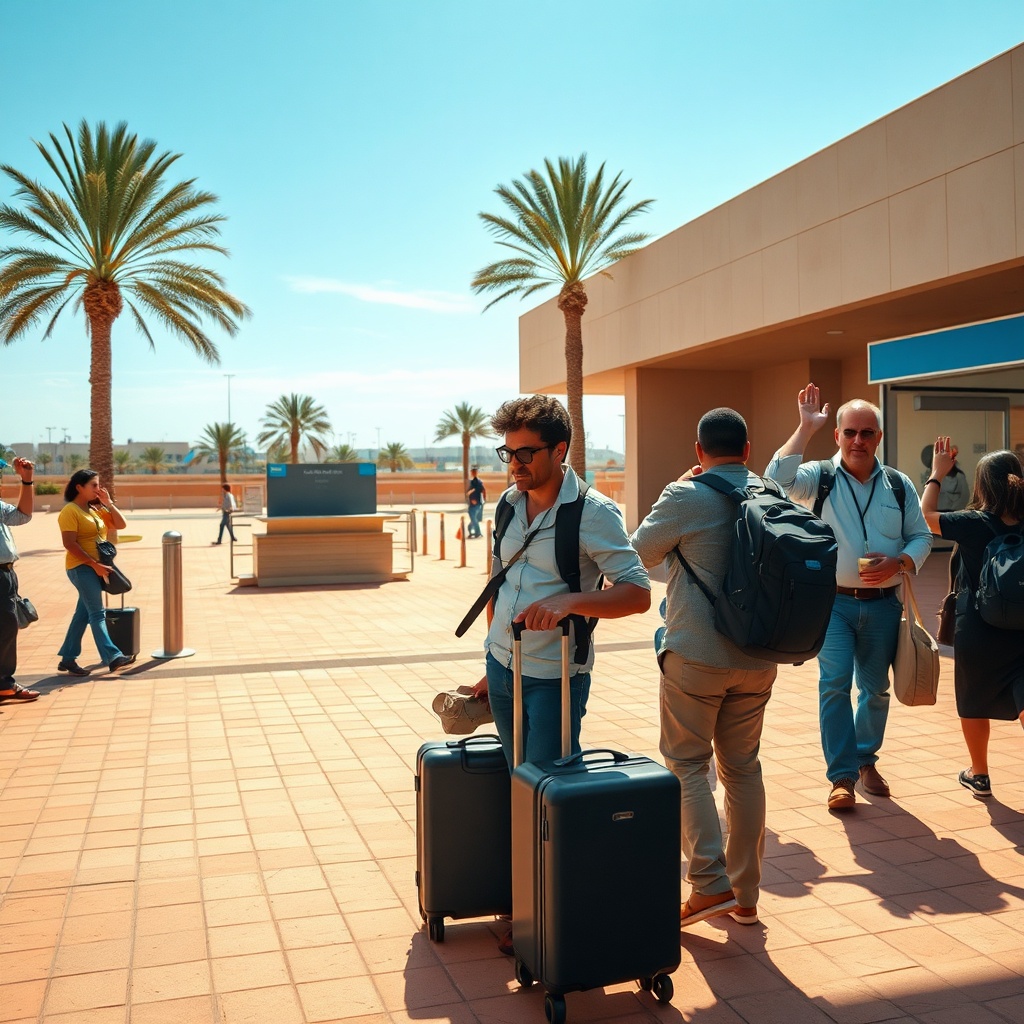 A stressed traveler facing unofficial drivers illustrates a common Fez airport transfer mistake, emphasizing the need to pre-book fixed-rate rides to avoid overcharging.