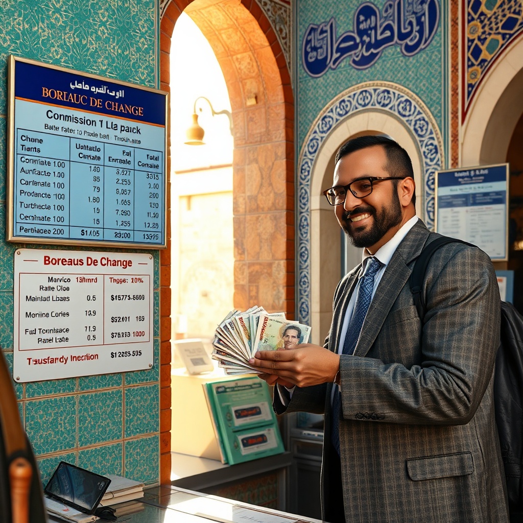 Visual comparison of fez airport currency exchange vs city options, showcasing a bustling Fez bureau de change with transparent dirham conversion rates and traditional architectural details.
