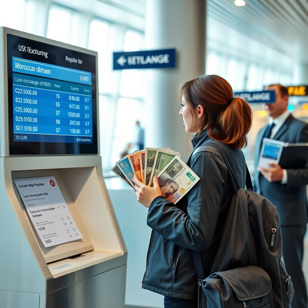 Traveler reviewing rates at a fez airport currency exchange vs city scenario, holding foreign banknotes while checking Moroccan dirham exchange charts in a bright terminal.