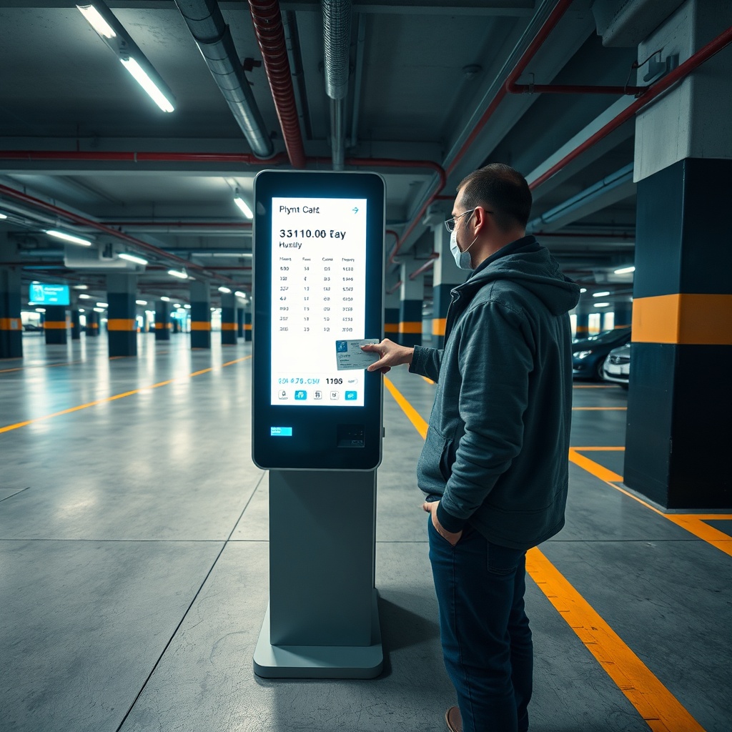 Traveler processing payment at an automated parking terminal, demonstrating accepted methods and how Fez Airport parking rates are structured for quick drop-offs versus extended stays.