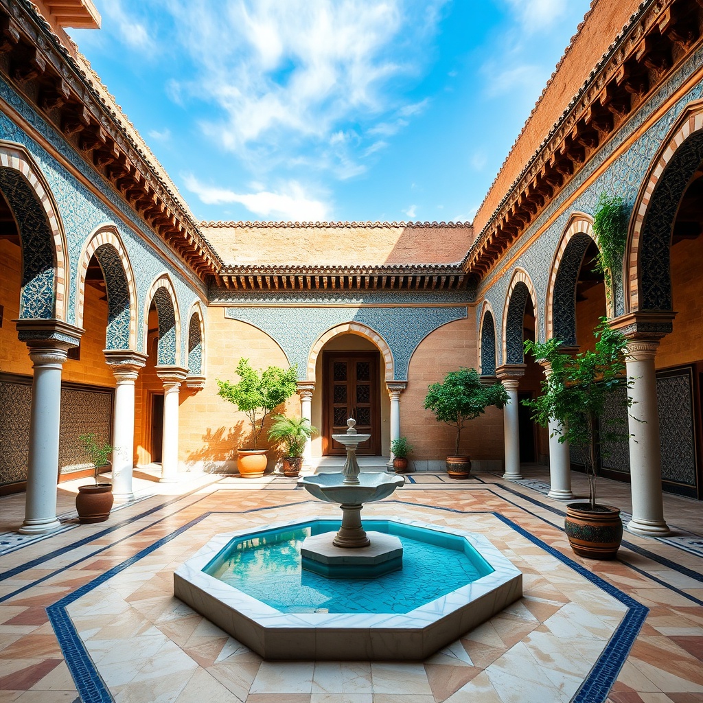 Sunlit courtyard of a traditional Fez riad featuring intricate zellige tilework and carved cedar ceilings, highlighting the architectural beauty recommended by the Fez Morocco travel guide.