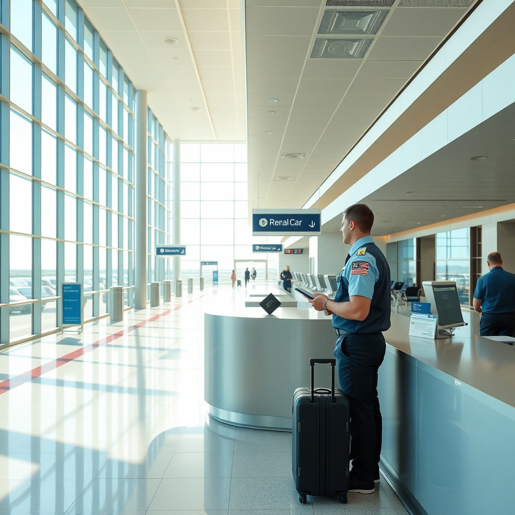 Traveler completing documentation at a bright arrivals hall counter to rent a car at Fez airport, highlighting the convenient on-site rental desks and streamlined pickup process.