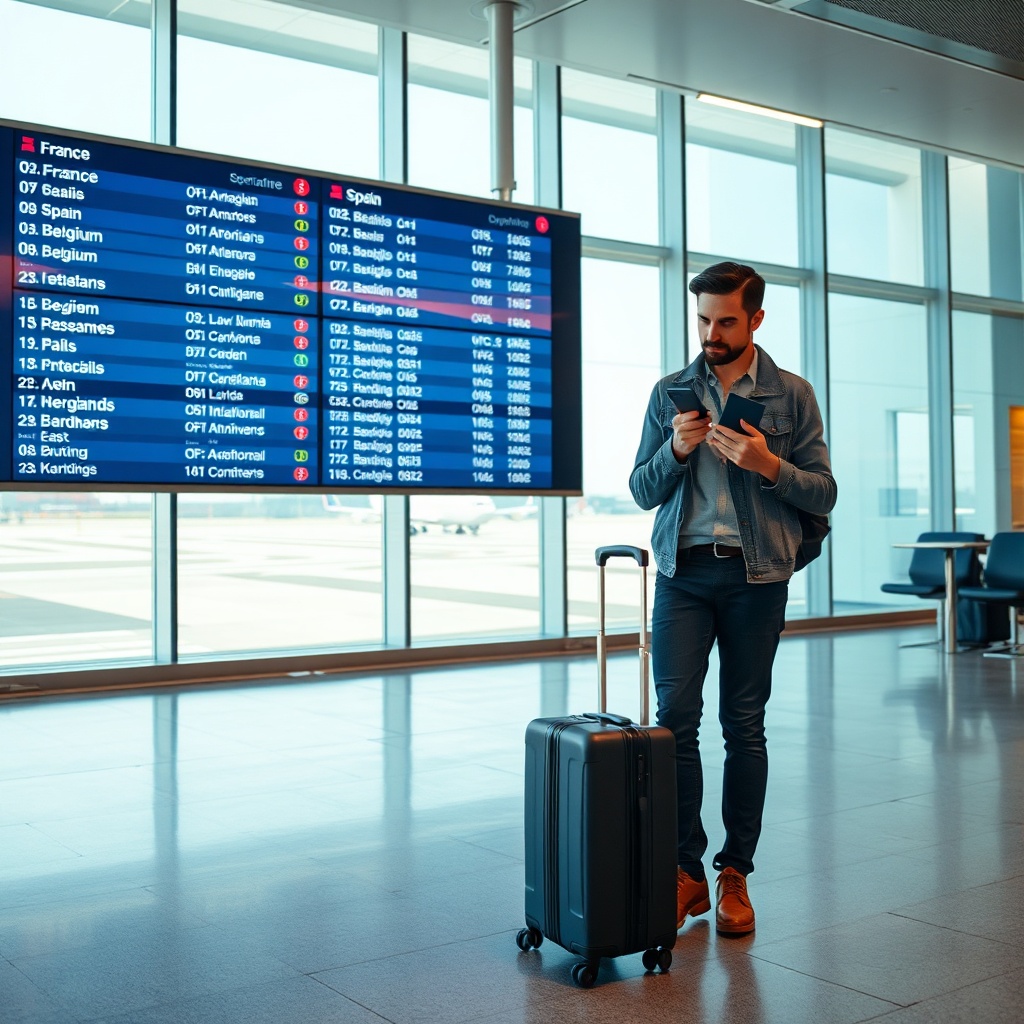 Traveler checking departure information at a busy terminal, demonstrating how airlines flying direct to fes airport connect passengers through select European and Middle Eastern routes.