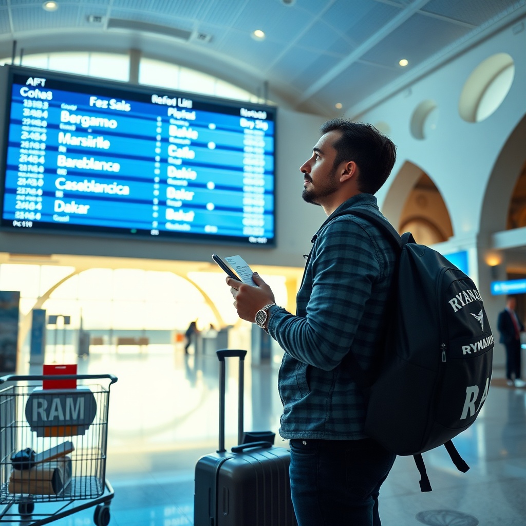 Passenger comparing Ryanair vs RAM at Fez Airport – traveler with smartphone and luggage looking at departure board in Fez Saïss Airport terminal, weighing low-cost European routes against flag carrier connections