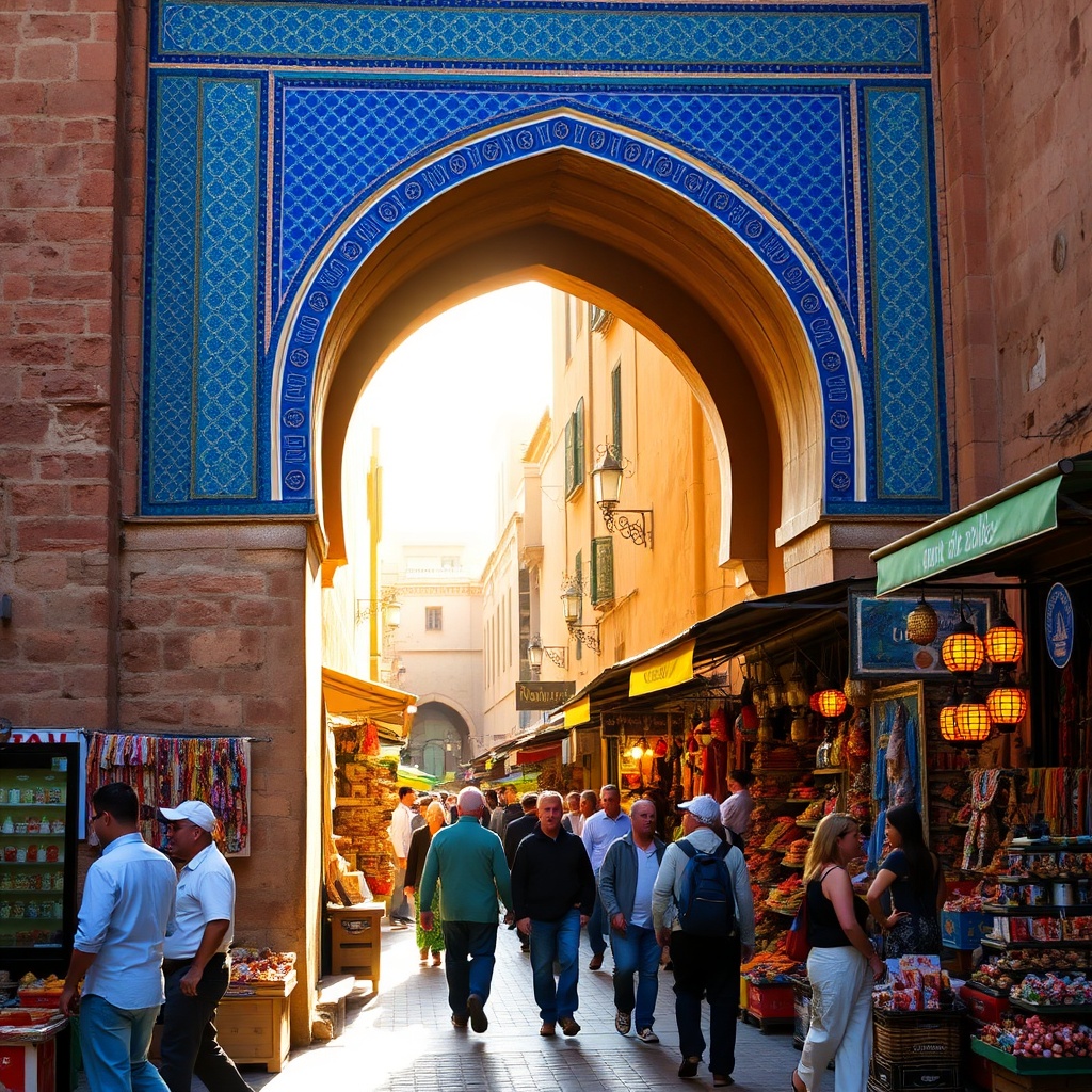 Fez airport layover city tour leading to the vibrant Blue Gate and bustling medina market