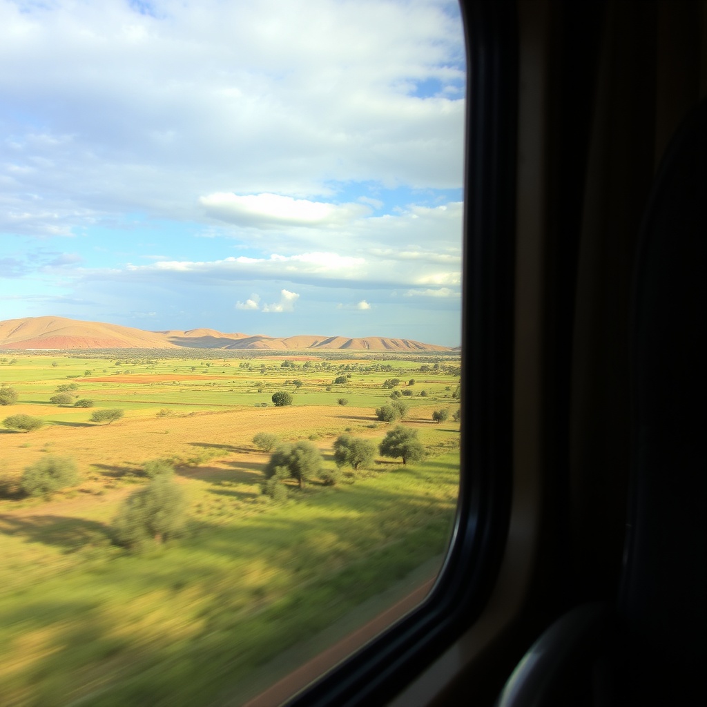 Scenic view from the Fez to Casablanca train window, showing Moroccan countryside with fields and hills during a relaxing rail journey.