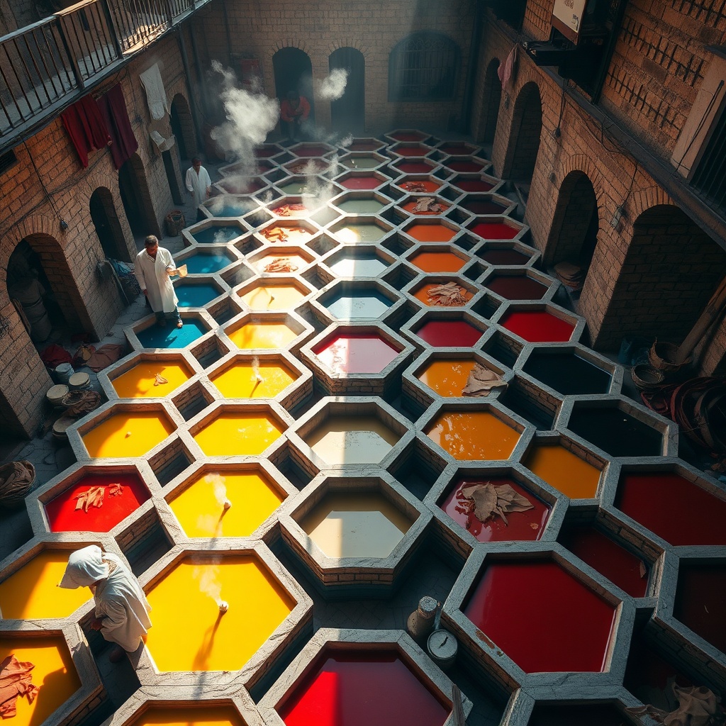 Vibrant Chouara Tannery dye vats displaying rich colors like indigo and ochre, a sensory highlight recommended for a Fez one day itinerary focused on the medina's artisan workshops and historic landmarks.