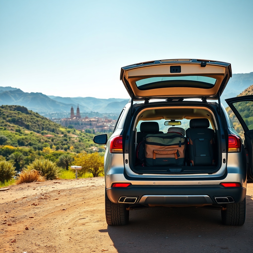 Rental SUV packed with luggage and ready for exploration after utilizing Fez airport car rental services for a Moroccan road trip.