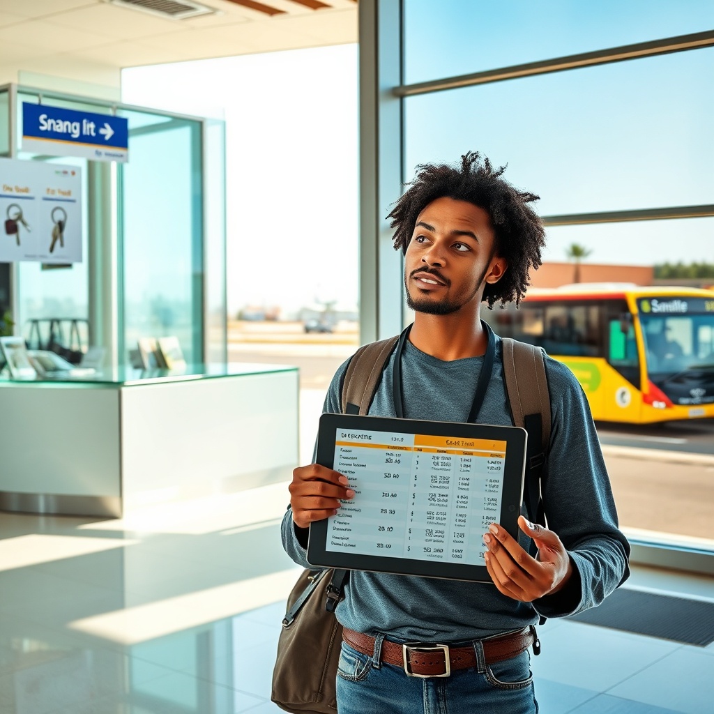Traveler reviewing a Fez airport car rental comparison chart near the terminal, weighing on-site counters against off-site shuttle services for optimal pricing and convenience.