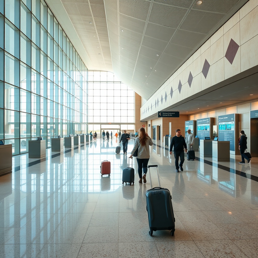Streamlined arrival hall interior at Fez Airport showing passengers navigating the single terminal with access to dining, duty-free shopping, and ground transportation options for a seamless travel experience.