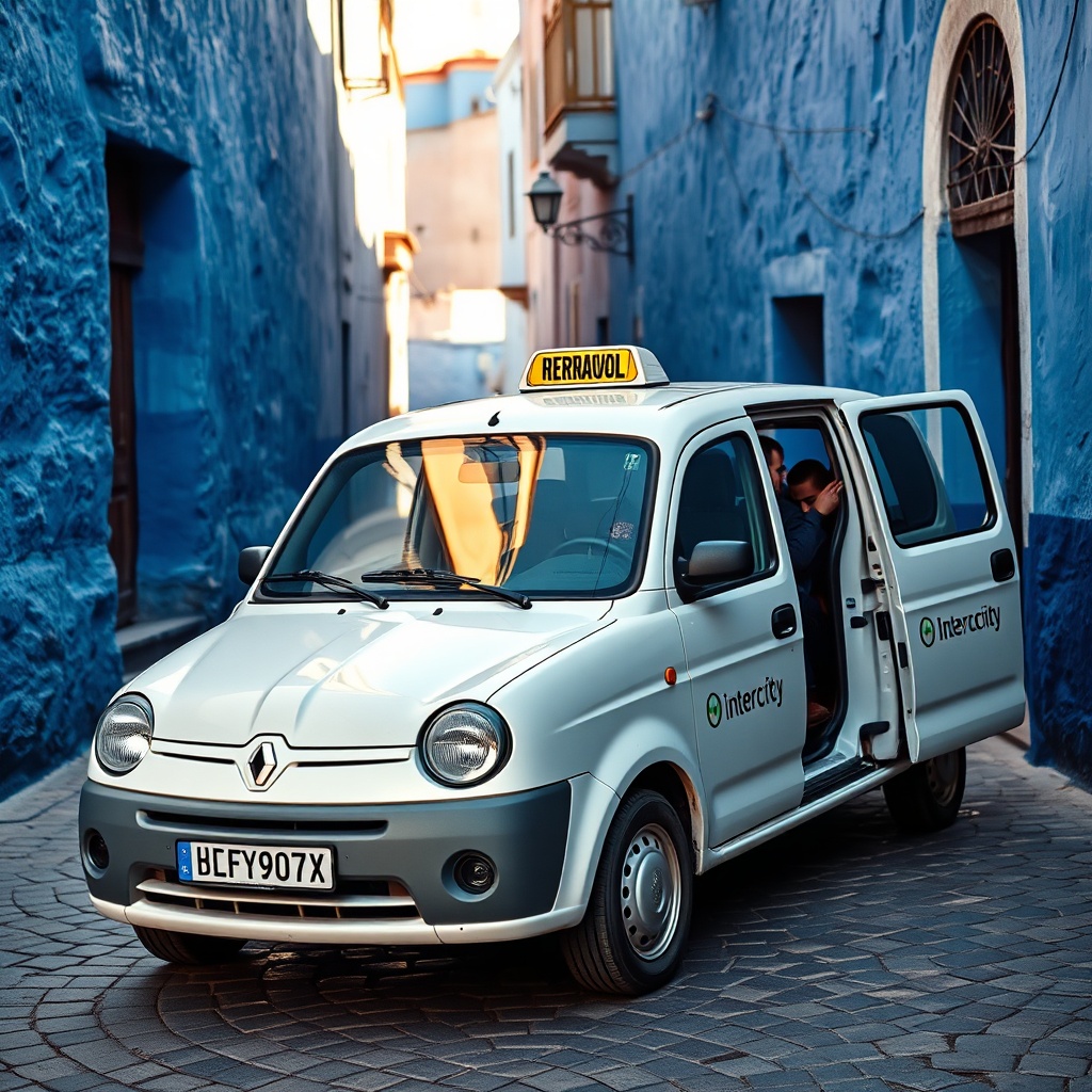 Traditional Grand Taxi parked near blue medina walls illustrating convenient Fez airport to Chefchaouen transport options for visitors arriving in Morocco's Blue City.