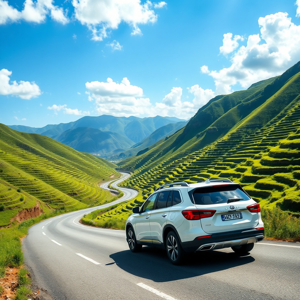 White luxury SUV traveling through the lush Rif Mountains on a scenic route, demonstrating the comfort and flexibility of a Fez to Chefchaouen private transfer service.