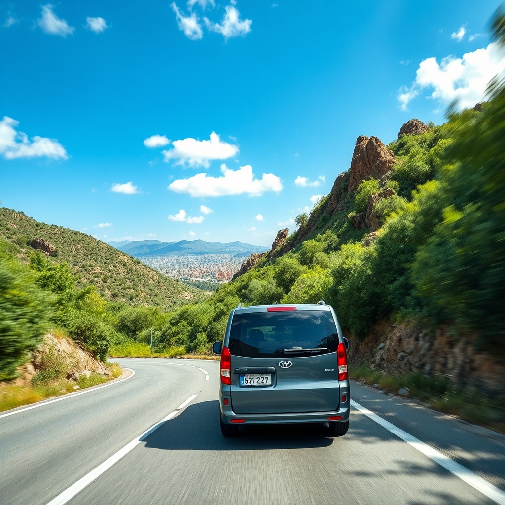 Scenic mountain drive with lush Rif landscapes and a private vehicle traveling along the direct route from Fez airport to Chefchaouen
