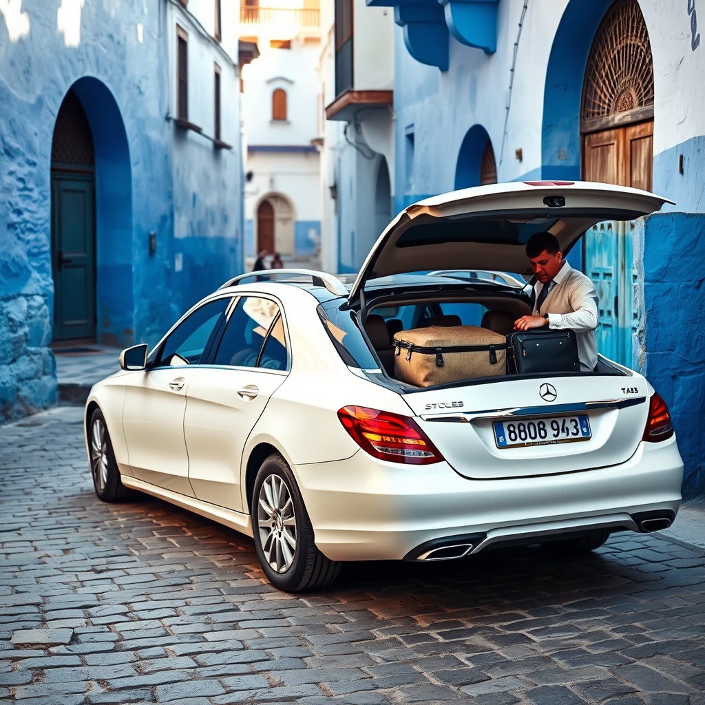 Shared grand taxi arriving in Chefchaouen medina after transport from Fez, with blue walls and luggage