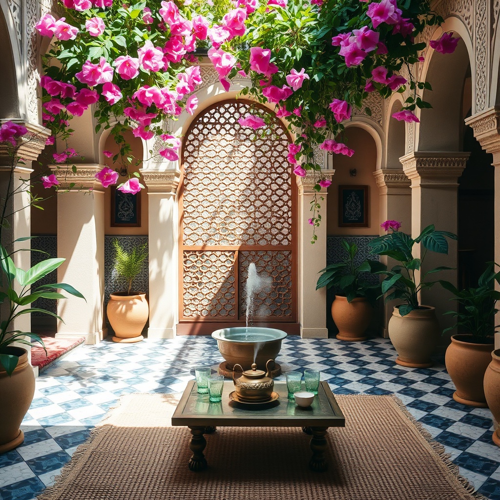 Best time to visit Fez – a tranquil riad courtyard in spring, showcasing the pleasant climate and serene atmosphere of the shoulder season.